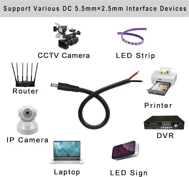 Alt view image 2 of 6 - 2 Pack DC Power Pigtails Cable, DC 5.5mm x 2.5mm Male Plug Jack to Bare Wire Open End Power Supply Replacement Repair Cord, for Security Camera,LED Strip Light,DVR 0.8FT(Black-0.25m)