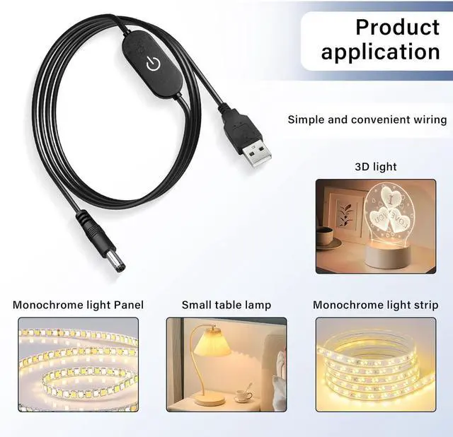 Alt view image 7 of 7 - LED Strip Touch Dimmer 12V 3A USB Male to 5.5x2.5mm DC Male Controller Switch Extension Power Cord Connector Single Colour Dimming Switch Controller for LED Strip Light(3.28ft)