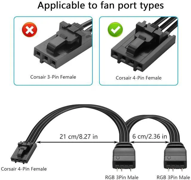 Alt view image 5 of 6 - 2 Pcs RGB Fan Splitter Cable 4-Pin Commander Female to Three 5V 3-Pin RGB Male Conversion Cable 1 to 3 ARGB Splitter Cable for Commander CoreXT,Commander Core etc(14.96 Inch) (1 to 2)