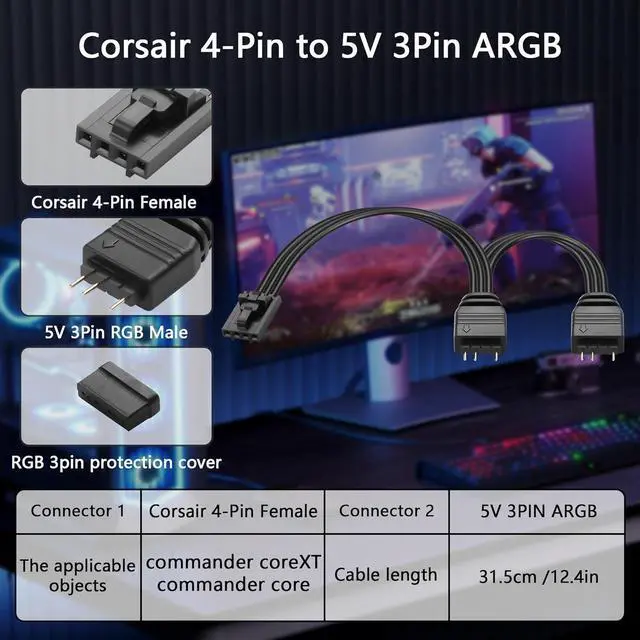 Alt view image 4 of 6 - 2 Pcs RGB Fan Splitter Cable 4-Pin Commander Female to Three 5V 3-Pin RGB Male Conversion Cable 1 to 3 ARGB Splitter Cable for Commander CoreXT,Commander Core etc(14.96 Inch) (1 to 2)