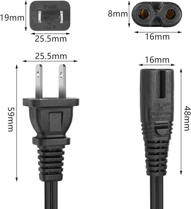 Alt view image 5 of 7 - AC 2 Prong C8 Power Cord, Standard 2 Slot Coiled Power Cord 6.5 FT for TV, Printer, Monitor