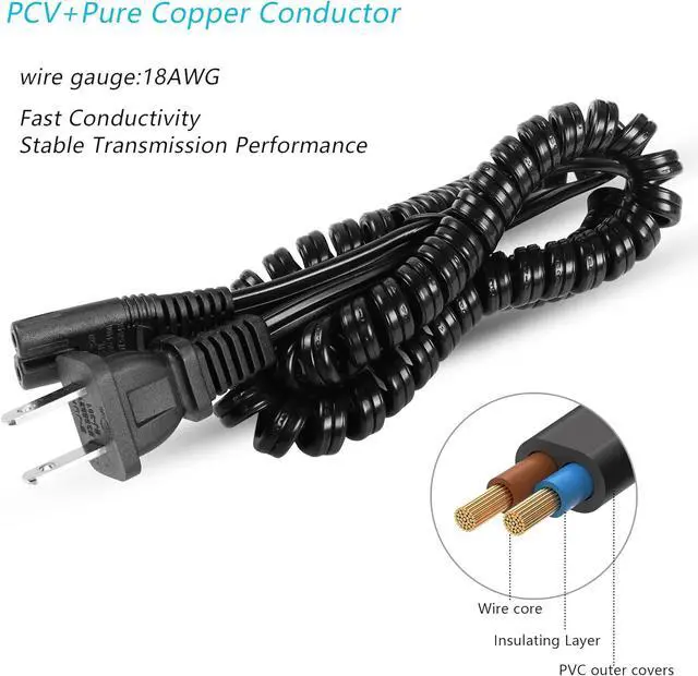 Alt view image 4 of 7 - AC 2 Prong C8 Power Cord, Standard 2 Slot Coiled Power Cord 6.5 FT for TV, Printer, Monitor