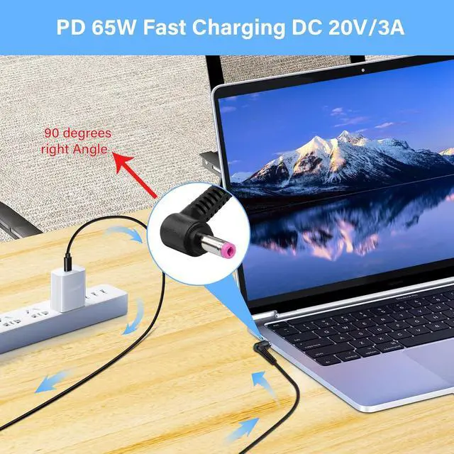 Alt view image 2 of 7 - Type C to 90 Degree DC 4.8 x 1.7 mm Power Charging Cable USB-C Male Output to DC Input Power PD Charge Cable fit for Laptop 65W 9V 12V 15V 20V(59inch)