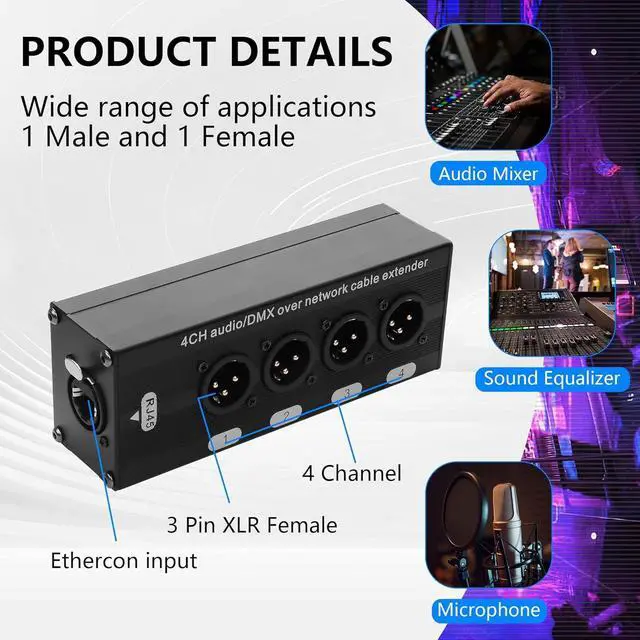 Alt view image 3 of 7 - 2PCS 4-Channel DMX XLR to Ethernet Extender Male to RJ45 Ethercon Cable Multi Extender for Stage Lighting and Home Recording Studio Compatible