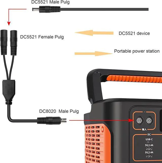 Alt view image 5 of 7 - DC8020 to DC5521 Extension Cable 14awg DC8.0mm x 2.0mm Male Connector to Dual DC 5.5mmx2.1mm Female Adapter Cable for Portable Power Station, Solar Generators(1m) (Male to 2 Female)