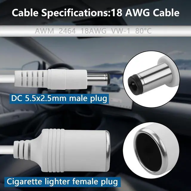 Alt view image 5 of 7 - White 12/24V Cigarette Lighter Socket Power Supply Cable 18AWG DC 5.5x2.5mm Male Plug to Cigarette Lighter Female Plug Conversion Cable for Car Air Pump,Car Refrigerator etc(10.04 Inch)
