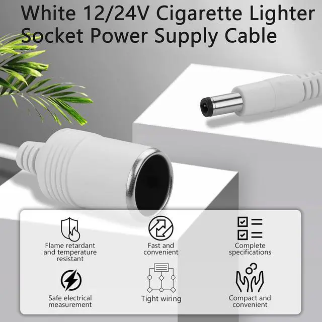 Alt view image 7 of 7 - White 12/24V Cigarette Lighter Socket Power Supply Cable 18AWG DC 5.5x2.5mm Male Plug to Cigarette Lighter Female Plug Conversion Cable for Car Air Pump,Car Refrigerator etc(10.04 Inch)
