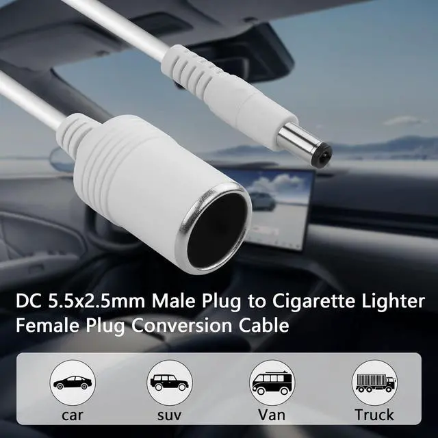 Alt view image 2 of 7 - White 12/24V Cigarette Lighter Socket Power Supply Cable 18AWG DC 5.5x2.5mm Male Plug to Cigarette Lighter Female Plug Conversion Cable for Car Air Pump,Car Refrigerator etc(10.04 Inch)