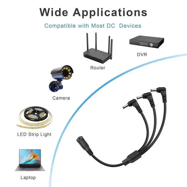 Alt view image 6 of 7 - DC Power 1 Female to 3 Male Splitter Cable, 0.7m, Supports 12-24V, 10A, 100W, Compatible with Security Camera, Router, LED Light, Small Fan, Car