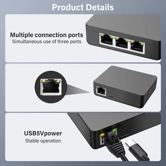 Alt view image 5 of 7 - RJ45 Ethernet Splitter 1 to 3 Out 1000Mbps High Speed Gigabit Switch Network Splitter Internet Distributor with USB Power Cable for Cat5/5e/6/7/8 Cables (3 Computers at The Same Time)