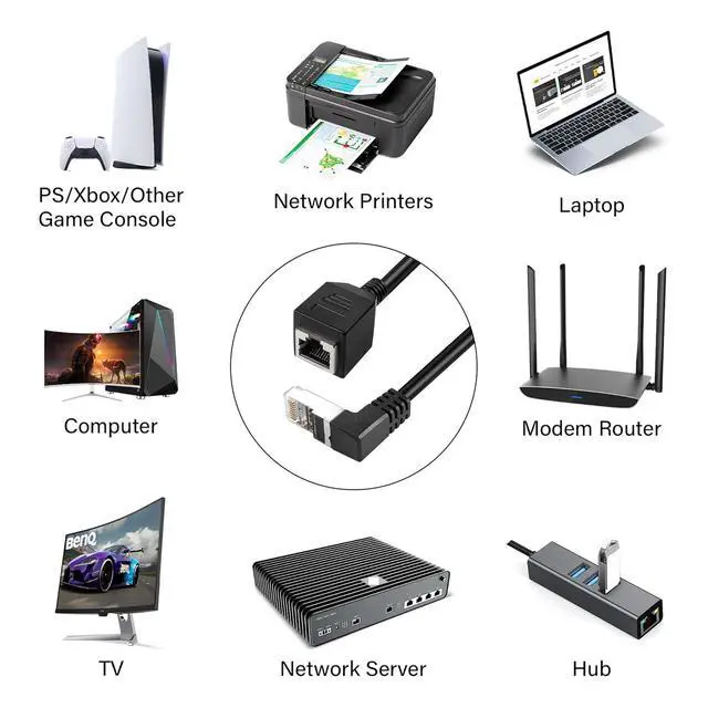 Alt view image 4 of 7 - Ethernet Extension Cable 90 Degree Angled RJ45 Male to Female Network Cable,CAT5 Ethernet Male to Female Connector Cable with Switch,for PC, Router,Laptop (0.6/Angled Down)