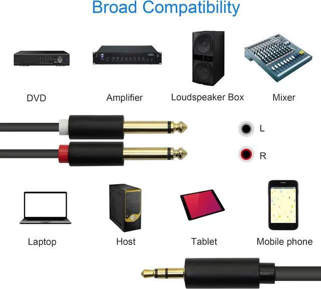 Alt view image 2 of 6 - 3.5MM to Dual 6.35MM Audio Cable,1/8" TRS Stereo Male to Dual 1/4" TS Mono Male Y Splitter Cord Adapter,for Home Stereo System,Notebook Computer,Amplifier,Mixer,MP3,Etc. (Black-1.5m/5ft)