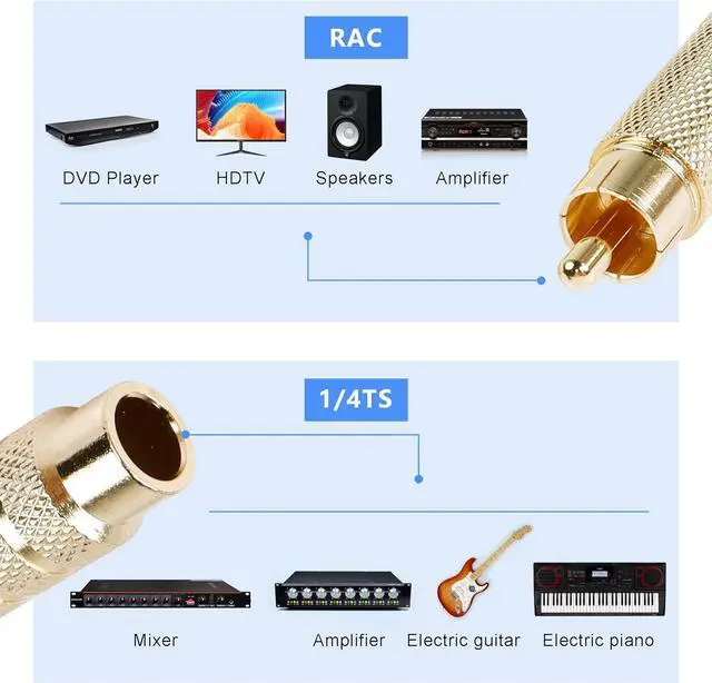 Alt view image 4 of 7 - RCA to 1/4 Inch Adapter, Gold Plated RCA Male Plug to 6.35mm 1/4 Inch TS Female Audio Converter for Amplifiers, Speaker and More(2 Pack)