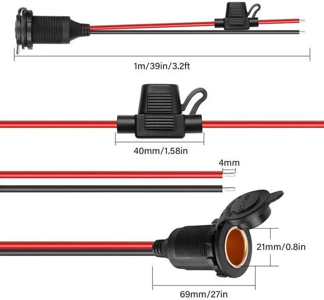 Alt view image 2 of 7 - 12V Fixed Thread Cigarette Lighter Socket Pigtail Cable,14AWG Waterproof Cigarette Lighter Socket Extension Cable with 20A Fuses(1M/3FT)