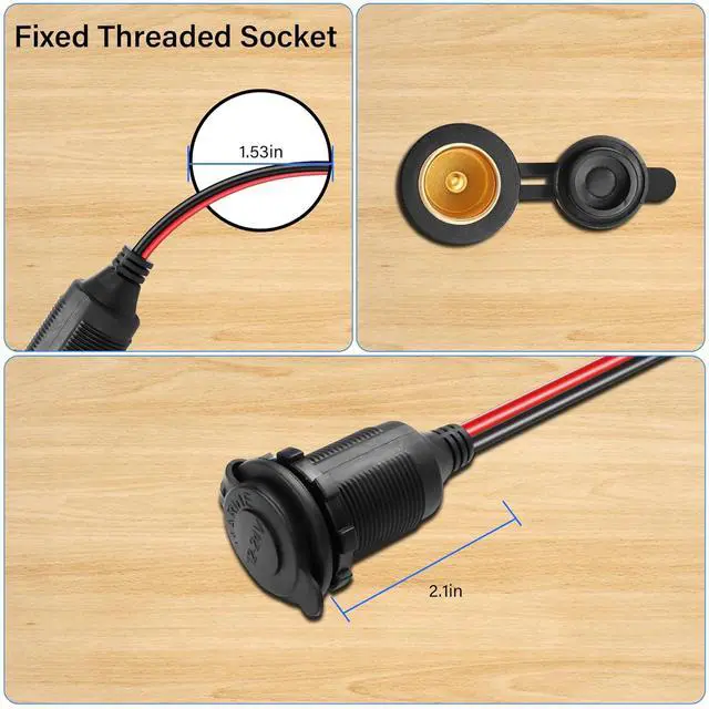 Alt view image 3 of 7 - 12V Fixed Thread Cigarette Lighter Socket Pigtail Cable,14AWG Waterproof Cigarette Lighter Socket Extension Cable with 20A Fuses(1M/3FT)