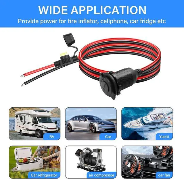 Alt view image 4 of 7 - 12V Fixed Thread Cigarette Lighter Socket Pigtail Cable,14AWG Waterproof Cigarette Lighter Socket Extension Cable with 20A Fuses(1M/3FT)
