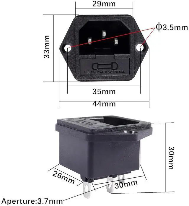 Alt view image 6 of 7 - IEC320 Mount Inlet Module Plug ,AC 250V 10A 3 Pin Panel Mount Adapte with Fuse Holder(4-Pack)