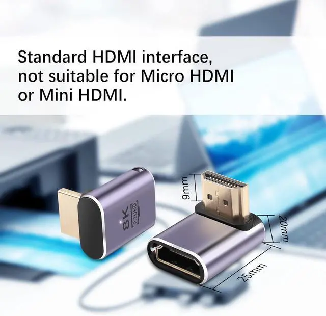 Alt view image 7 of 7 - 90 Degree HDMI Adapter 8K,2 Pack Right Angle 48Gbps HDMI 2.1 Male to Female Extender Adapter Support 8K@60Hz, 4K@120Hz, HDR, eARC(Down Bend)