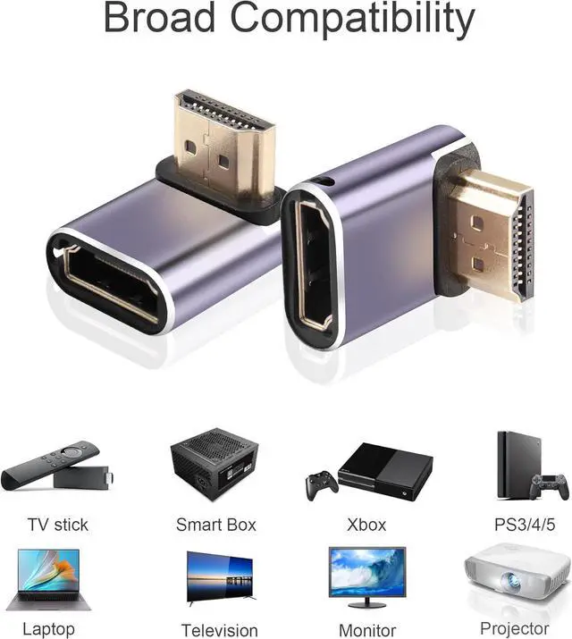 Alt view image 2 of 7 - 90 Degree HDMI Adapter 8K,2 Pack Right Angle 48Gbps HDMI 2.1 Male to Female Extender Adapter Support 8K@60Hz, 4K@120Hz, HDR, eARC(Down Bend)