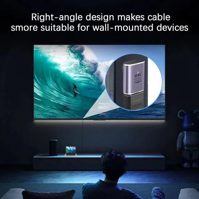 Alt view image 5 of 7 - 90 Degree HDMI Adapter 8K,2 Pack Right Angle 48Gbps HDMI 2.1 Male to Female Extender Adapter Support 8K@60Hz, 4K@120Hz, HDR, eARC(Down Bend)