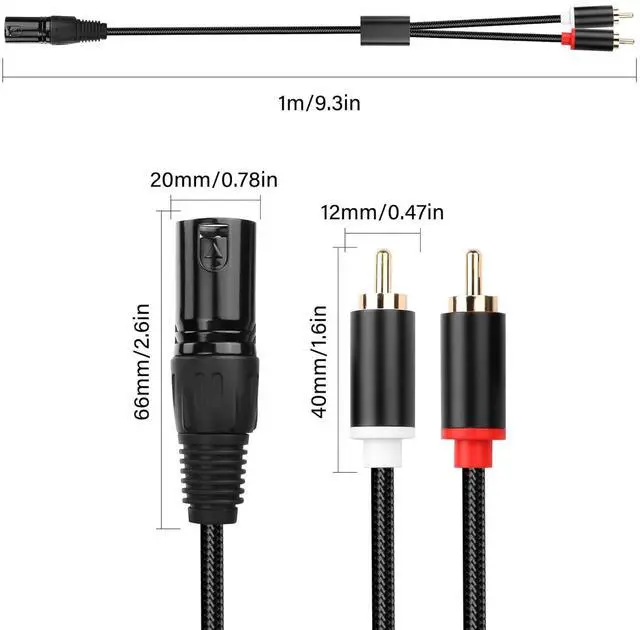 Alt view image 2 of 5 - XLR to 2 RCA Y Splitter Cable,Unbalanced Dual RCA to XLR Male Y Splitter Patch Microphone Cable for Amplifier Mixer Microphone (1M/3.3FT