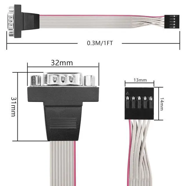 Alt view image 2 of 7 - DB9 to 10Pin IDC Serial Cable,2Pack RS232 Serial Male to 10 Pin (2x5) IDC Motherboard Header Panel Moun Flat Ribbon Cable(0.3m)