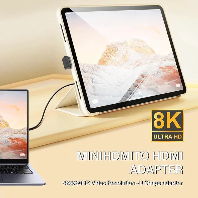 Alt view image 5 of 7 - U Shape 8K Mini HDMI to HDMI Adapter,180 Degree 2 Pack 48Gbps 2.1 Version Mini HDMI Male to HDMI Female Converter Adapter with LED Light for DSLR Portable Camcorder Tablet (Up Angle