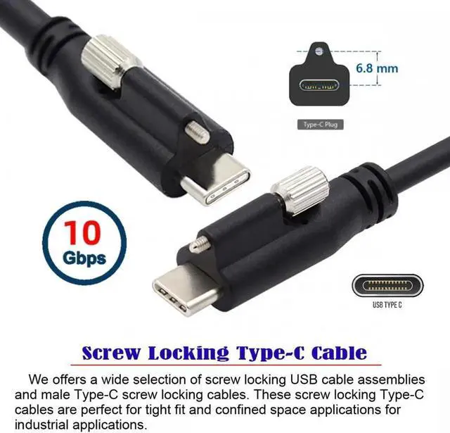 Alt view image 2 of 7 - 1.2M USB 3.1 Type-C Locking to Locking USB-C Data Power Cable for Camera With Single Panel Mount Screw Connector