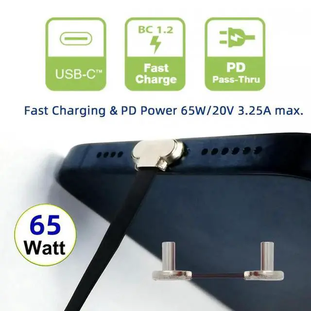 Alt view image 6 of 7 - 2cm Dual Angled Ultra Slim Flat USB-C Type C to USB-C Power USB2.0 Data Cable 65W Fast Charge for Laptop Tablet Phone