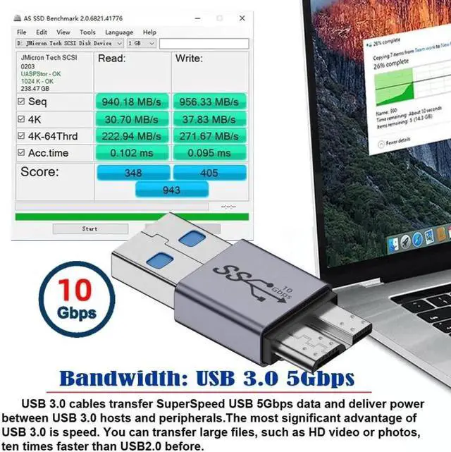 Alt view image 6 of 7 - USB-C USB 3.1 Type A Male to Micro USB 3.0 Male Data Adapter 10Gbps Data Power for Laptop SSD Disk