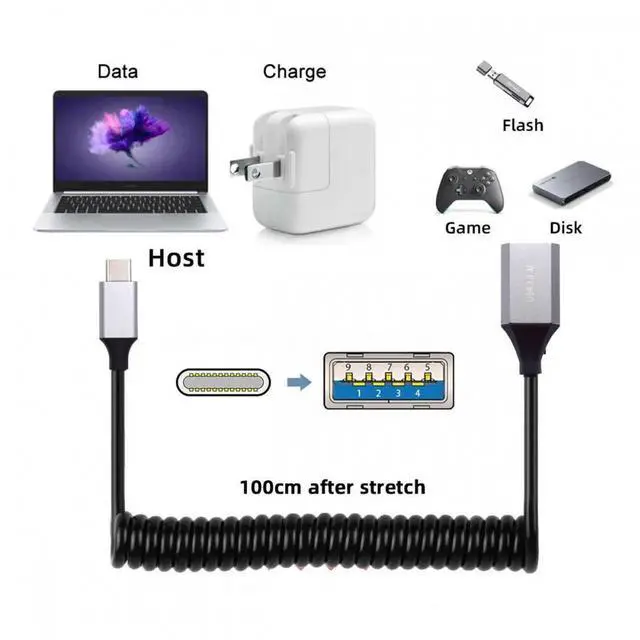 Alt view image 4 of 7 - USB-C Type-C Host to USB3.0-A Female OTG Stretch Coiled Cable 100cm Extension 5Gbps for Disk Phone Camera Data