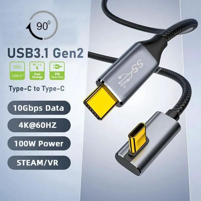 Alt view image 4 of 7 - 2.0M 90 Degree Low Profile Angled Type-C USB-C Male to Male USB3.1 10Gbps 100W Data Cable for Laptop Phone
