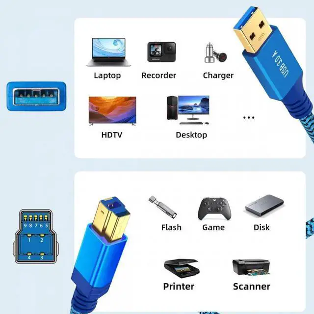 Alt view image 5 of 7 - 0.3M USB 3.0 Type-A Male to USB3.0 Type-B Male Cable Extension Blue 5Gbps for Disk SSD Camera Data