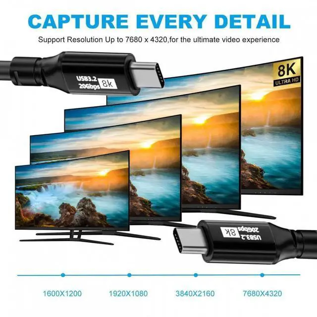 Main image of 100cm 1.0m USB3.2 Type-C USB-C 8K Male to Male USB3.1 10Gbps 100W Data Video Cable with E-marker for Laptop Phone