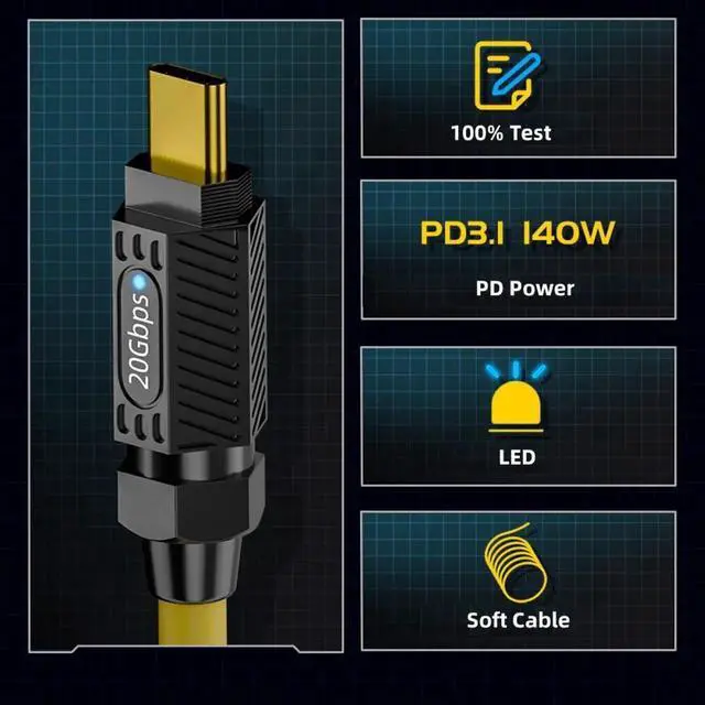 Alt view image 3 of 7 - 0.2M Ultra Soft High Flex USB-C USB4 Cable 20Gbps 140W 8K for Gaming Keyboard Mouse Type-C Male to Female Extension Cable Power & Data