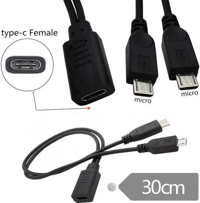 Alt view image 2 of 7 - Type-C USB-C Female DC 5V to Dual Micro USB 5Pin Male Splitter Extension Charge Cable