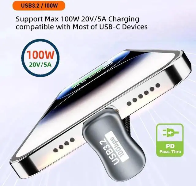 Alt view image 5 of 7 - 2.0M Opposite U Shape Back Angled USB-C USB 3.1 Type C Male to Female Extension Data Cable 10Gbps 100W with Sleeve