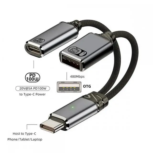 Alt view image 2 of 7 - USB-C Type-C Male to 480Mbps USB 2.0 Female OTG & 100W PD Power Cable for Laptop Tablet Phone