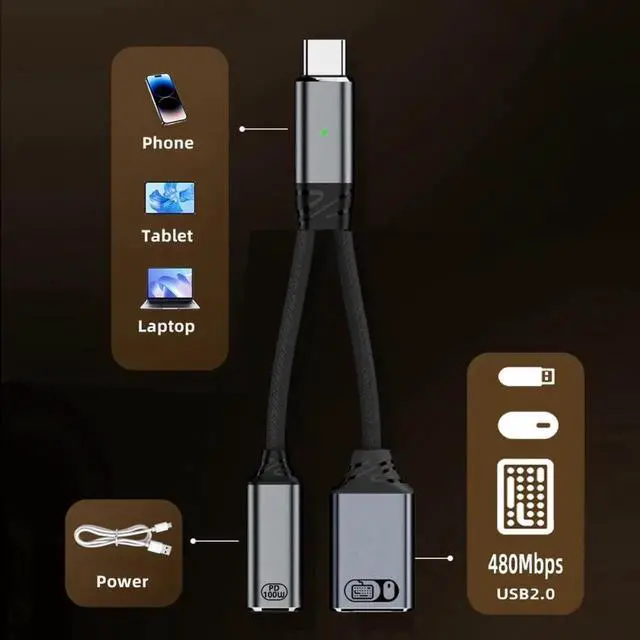 Alt view image 5 of 7 - USB-C Type-C Male to 480Mbps USB 2.0 Female OTG & 100W PD Power Cable for Laptop Tablet Phone