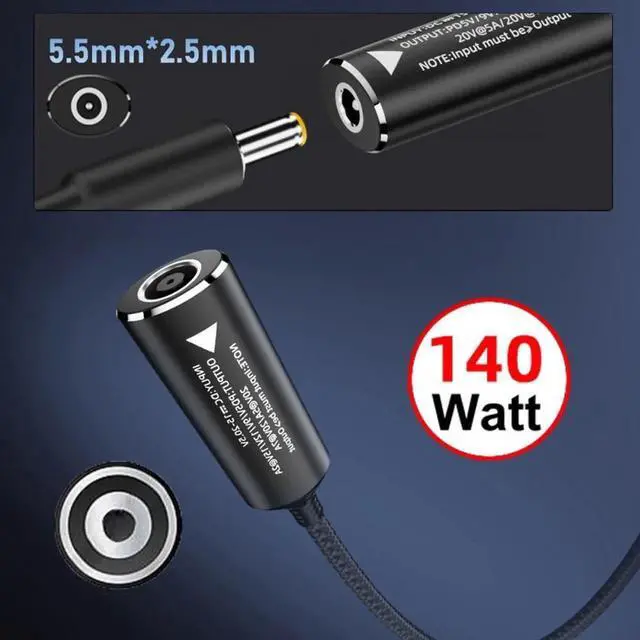 Alt view image 3 of 7 - DC Jack 5.5x2.5mm Input to USB-C Type-C Power 140W Smart LED Display Charge Cable for Laptop Phone PD9V/5V/20V/7A
