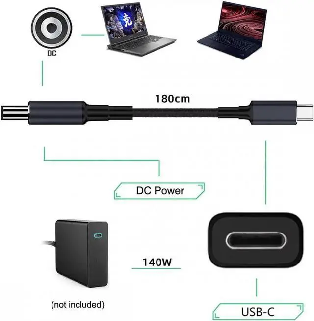Alt view image 7 of 7 - Type C USB-C Input to 20V DC 5.5*2.1mm Output Power 100W 135W 140W 65W PD Charge Cable for Laptop