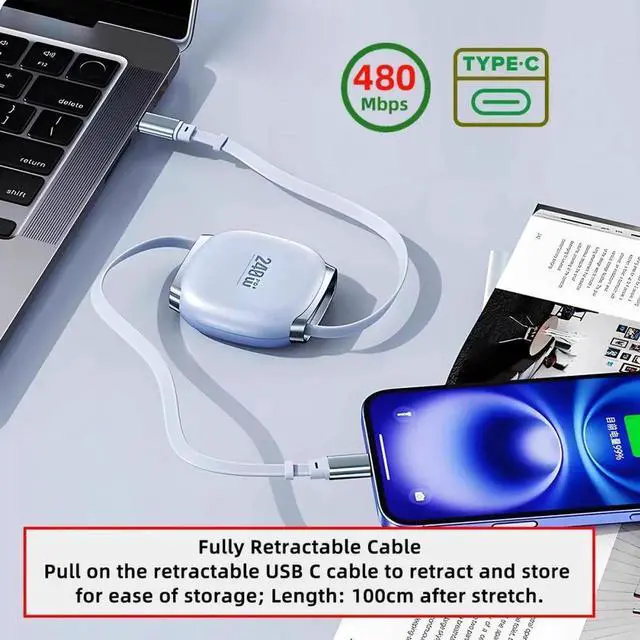 Alt view image 3 of 7 - Retractable Stretch Coiled USB-C Cable 480Mbps 140W for Laptop Phone Tablet Type-C Male to Male Cable Power & Data (Purple Color)