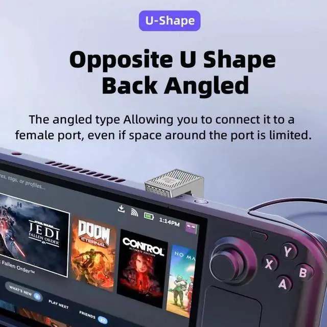 Alt view image 5 of 7 - USB-C USB 3.1 Type C Male to USB 3.0 A Female 10Gbps OTG Data 120W Power Opposite U Shape Back Angled Adapter Alloy Shell Mecha Cyberpunk Style