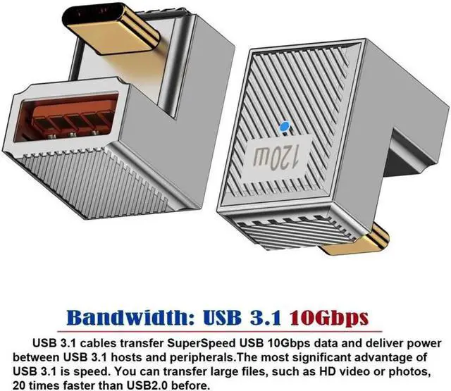 Alt view image 2 of 7 - USB-C USB 3.1 Type C Male to USB 3.0 A Female 10Gbps OTG Data 120W Power Opposite U Shape Back Angled Adapter Alloy Shell Mecha Cyberpunk Style