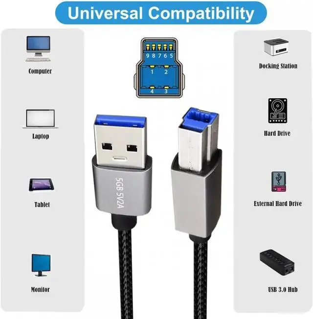 Alt view image 2 of 7 - USB 3.0 Type-A Male to Standard 3.0 B Male Cable Silver 5Gbps for Disk SSD Camera Data 30cm