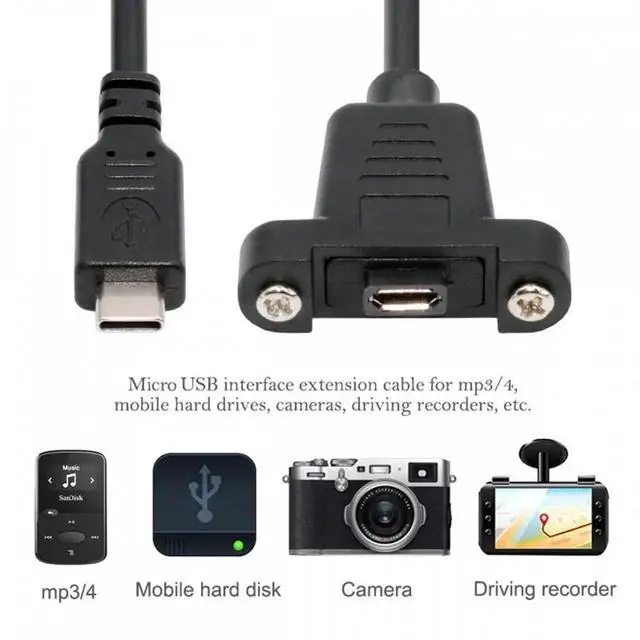 Alt view image 7 of 7 - USB2.0 Micro 5Pin Female to Type-C USB-C Male Power Cable 480Mbps Data with Panel Mount Holes 50cm