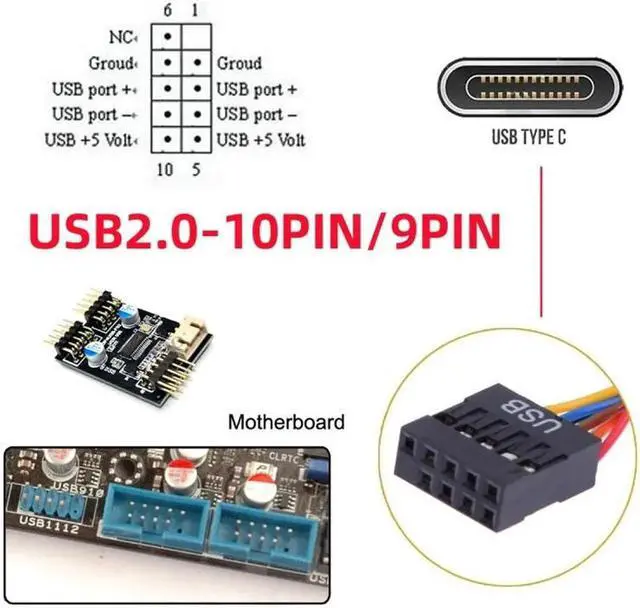 Alt view image 5 of 7 - Single Port USB 3.1 Type C USB-C Female to USB 2.0 Motherboard 9pin 10pin Header Cable 20cm with Bracket
