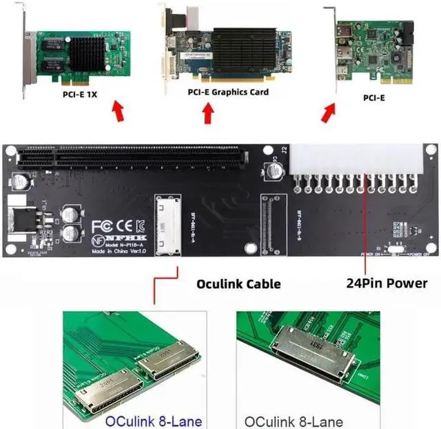 Alt view image 6 of 7 - 8x Oculink SFF-8612 8611 to PCIE PCI-Express 16x Adapter with ATX 24pin Power Port for Mainboard Graphics Card