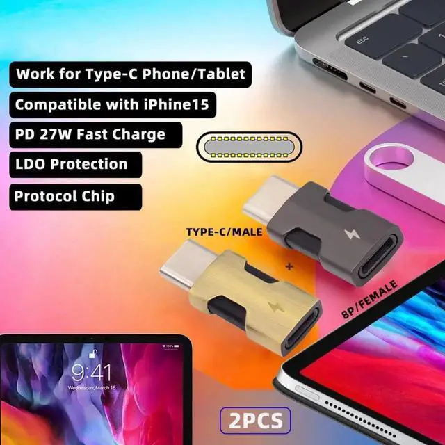 Alt view image 2 of 7 - 2pcs/set USB-C Type C Male to 8P Female Power 480Mbps Data Adapter Compatible with iPhone 15 & Android & Tablet