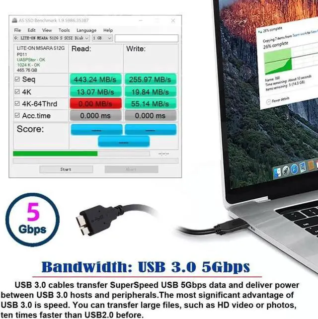 Alt view image 4 of 7 - Xiwai 2pcs/set USB 3.1 USB-C Type-C to Micro 3.0 and USB 3.0 Type-A Male to Micro 3.0 B Male Disk SSD Data Cable 15cm